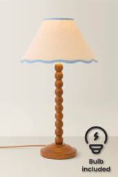ValueLights Bobbin Colour Trim Linen Shade Walnut Bobble Table Lamp with Bulb in Baby Blue - thumbnail 1