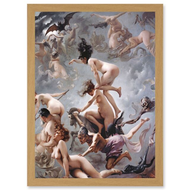 Artery8 Falero Witches Going To Their Sabbath Painting A4 Artwork Framed Wall Art Print in Light Oak - image 1