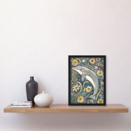 "Artery8 Dolphin Daisy Wildflowers Artwork Quirky Floral Framed Art Print in Blue - Size: W12"" x H16""" - thumbnail 4
