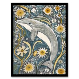 "Artery8 Dolphin Daisy Wildflowers Artwork Quirky Floral Framed Art Print in Blue - Size: W12"" x H16""" - thumbnail 1