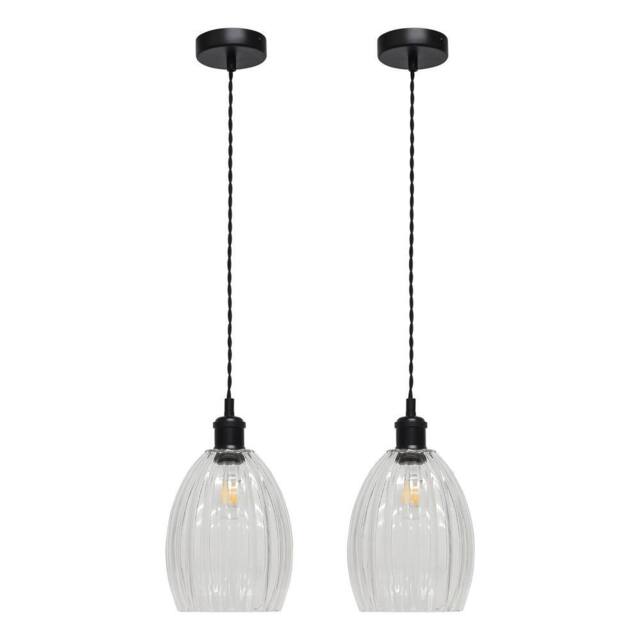 First Choice Lighting Set of 2 Birch - Clear Fluted Glass Black Retro Pendant Fittings - image 1