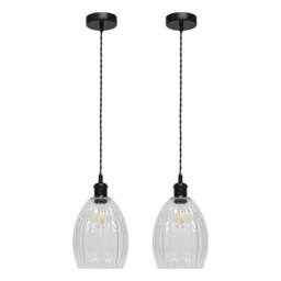 First Choice Lighting Set of 2 Birch - Clear Fluted Glass Black Retro Pendant Fittings - thumbnail 1
