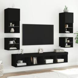 Berkfield Home Bedside Cabinet with LED Lights Wall-mounted Black - thumbnail 4