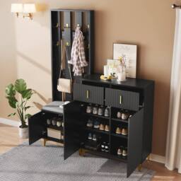 BTM Wardrobe set with shoe bench hooks drawers & cabinet doors in Black - thumbnail 5