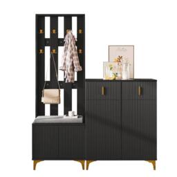 BTM Wardrobe set with shoe bench hooks drawers & cabinet doors in Black - thumbnail 2