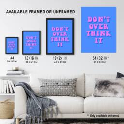 "Artery8 Don't Overthink It Simple Retro Pink Blue Wall Art Print - Size: W12"" x H16""" - thumbnail 3