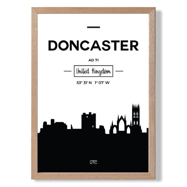 ARTZE Doncaster Black & White City Skyline Framed Print SIZE: A2 with Oak Frame - Size: A4 - image 1
