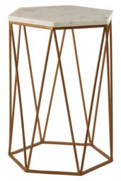 Orsina Gold Hexagonal Side Table With White Marble Top, Luxe Geometric Accent Table For Livingroom, Side Table - thumbnail 1