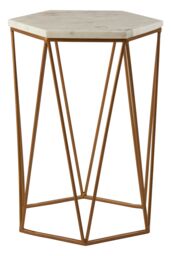 Orsina Gold Hexagonal Side Table With White Marble Top, Luxe Geometric Accent Table For Livingroom, Side Table - thumbnail 2