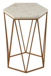 Orsina Gold Hexagonal Side Table With White Marble Top, Luxe Geometric Accent Table For Livingroom, Side Table - thumbnail 3