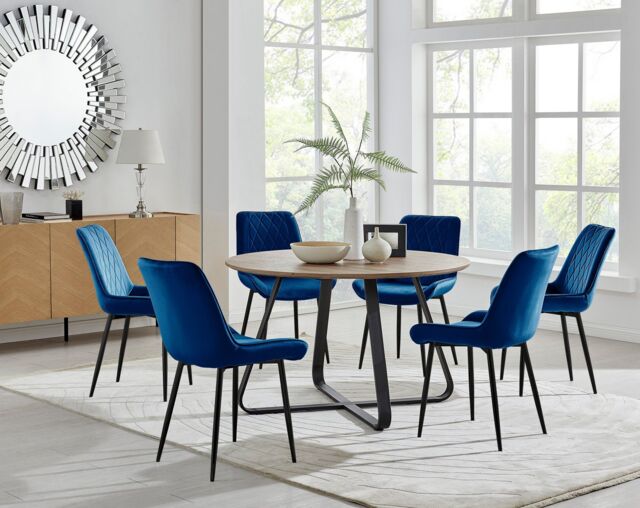FurnitureboxUK Santorini Brown Round Dining Table & 6 Pesaro Black Leg Chairs in Navy - image 1