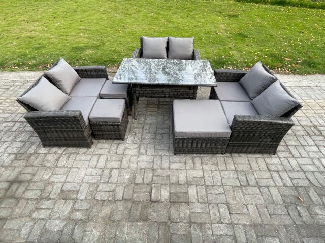Fimous Wicker PE Rattan Garden Furniture Sets Outdoor Lounge Sofa Set with Oblong Dining Table Double Seat Sofa 3 Footstools in Dark Grey - image 1
