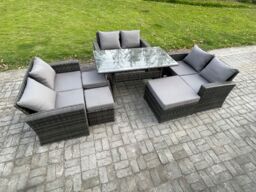 Fimous Wicker PE Rattan Garden Furniture Sets Outdoor Lounge Sofa Set with Oblong Dining Table Double Seat Sofa 3 Footstools in Dark Grey - thumbnail 2