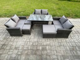 Fimous Wicker PE Rattan Garden Furniture Sets Outdoor Lounge Sofa Set with Oblong Dining Table Double Seat Sofa 3 Footstools in Dark Grey - thumbnail 1