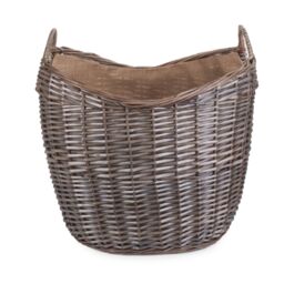 Red Hamper Wicker Scoop Neck Antique Wash Hessian Lined Log Basket in Brown - thumbnail 2