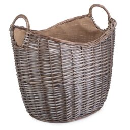 Red Hamper Wicker Scoop Neck Antique Wash Hessian Lined Log Basket in Brown
