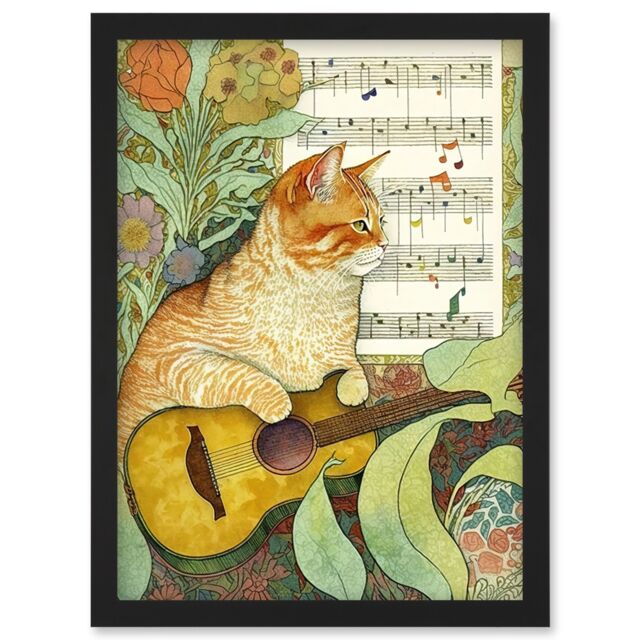 Artery8 Orange Tubby Cat with Guitar & Sheet Music in Floral Art Nouveau Pattern Artwork Framed Wall Art Print A4 in Black - image 1