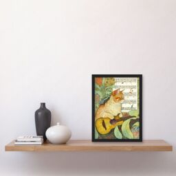 Artery8 Orange Tubby Cat with Guitar & Sheet Music in Floral Art Nouveau Pattern Artwork Framed Wall Art Print A4 in Black - thumbnail 2