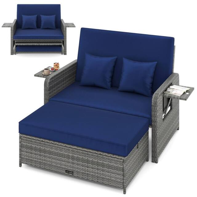 Costway PE Wicker Daybed w/4-Level Backrest 2PCS Patio Rattan Furniture Set in Navy - image 1