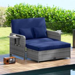 Costway PE Wicker Daybed w/4-Level Backrest 2PCS Patio Rattan Furniture Set in Navy - thumbnail 4