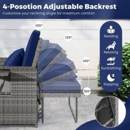 Costway PE Wicker Daybed w/4-Level Backrest 2PCS Patio Rattan Furniture Set in Navy - thumbnail 6