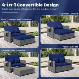 Costway PE Wicker Daybed w/4-Level Backrest 2PCS Patio Rattan Furniture Set in Navy - thumbnail 5