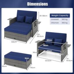 Costway PE Wicker Daybed w/4-Level Backrest 2PCS Patio Rattan Furniture Set in Navy - thumbnail 2