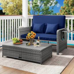 Costway PE Wicker Daybed w/4-Level Backrest 2PCS Patio Rattan Furniture Set in Navy - thumbnail 3