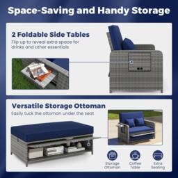 Costway PE Wicker Daybed w/4-Level Backrest 2PCS Patio Rattan Furniture Set in Navy - thumbnail 8