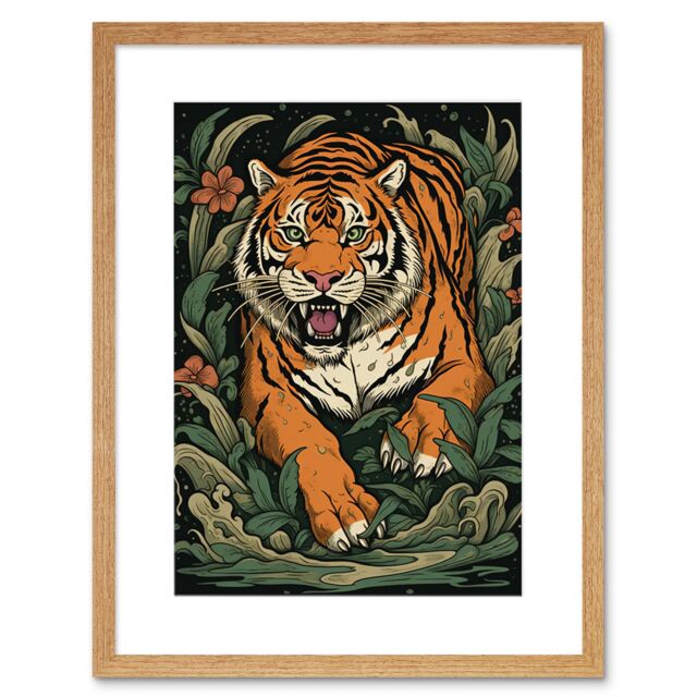 "Artery8 Wall Art Print Tiger Emerging from Plants Tattoo Ink Body Art Rockabilly Americana 50s Artwork Framed 9X7 Inch in Beige - Size: W7"" x H9""" - image 1