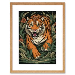 "Artery8 Wall Art Print Tiger Emerging from Plants Tattoo Ink Body Art Rockabilly Americana 50s Artwork Framed 9X7 Inch in Beige - Size: W7"" x H9""" - thumbnail 1