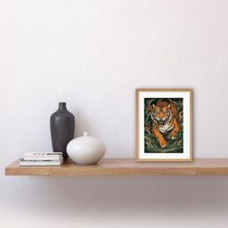 "Artery8 Wall Art Print Tiger Emerging from Plants Tattoo Ink Body Art Rockabilly Americana 50s Artwork Framed 9X7 Inch in Beige - Size: W7"" x H9""" - thumbnail 2