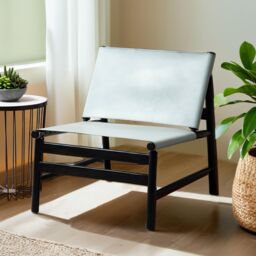 Orsina Grey Plain Cow Leather Chair With Black Wooden Frame, Armchair With Curved Legs, Ideal For Outdoor Spaces
