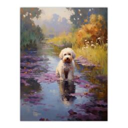 Artery8 White Cockapoo Dog & Purple Water Irises Claude Monet Style Oil Painting Large Wall Unframed Art Poster Print Thick Paper 18X24 Inch - thumbnail 1