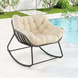 Costway Outdoor Rocking Chair Oversized Patio PE Wicker Egg Chair in Beige - thumbnail 4