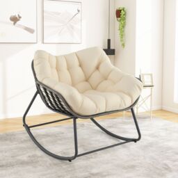 Costway Outdoor Rocking Chair Oversized Patio PE Wicker Egg Chair in Beige - thumbnail 2