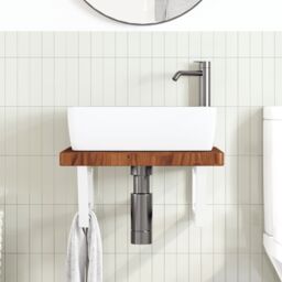 Berkfield Home Basin Shelf Wall Mounted Steel & Solid Wood Oak in Brown - thumbnail 3