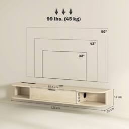 HOMCOM 120 cm Floating TV Unit with Flip Drawer & Shelves, Natural - thumbnail 3