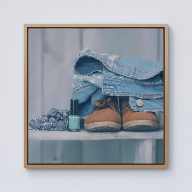 Warren Reed - Designer Shoes On The Bench Framed Canvas in Light Brown - Size: w40 inch x h40 inch - image 1