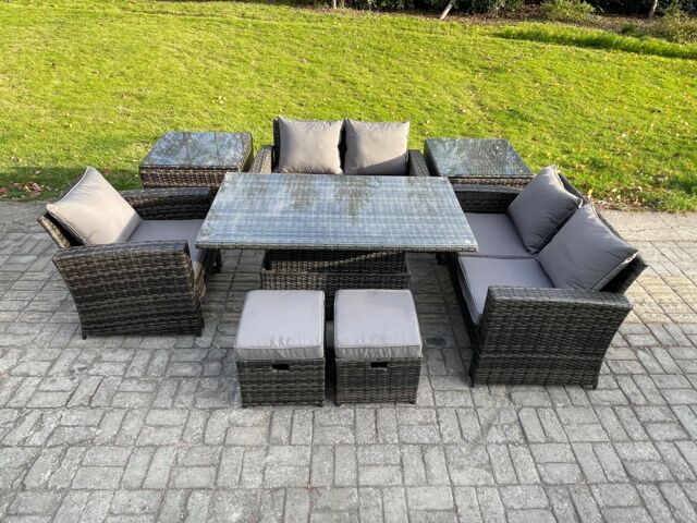 Fimous 7 Seater Outdoor Rattan Patio Furniture Set Garden Height Adjustable Rising Lifting Table Sofa Dining Set w/ 2 Side Tables 2 Small Footstools