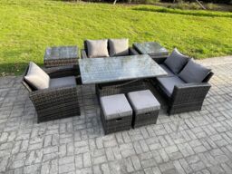 Fimous 7 Seater Outdoor Rattan Patio Furniture Set Garden Height Adjustable Rising Lifting Table Sofa Dining Set w/ 2 Side Tables 2 Small Footstools - thumbnail 2