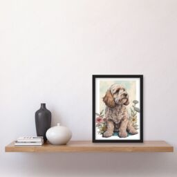 Artery8 Cockapoo Dog with Spring Wildflowers Soft Watercolour Illustration Artwork Framed Wall Art Print A4 in Black - thumbnail 2