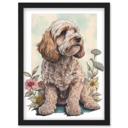 Artery8 Cockapoo Dog with Spring Wildflowers Soft Watercolour Illustration Artwork Framed Wall Art Print A4 in Black - thumbnail 1