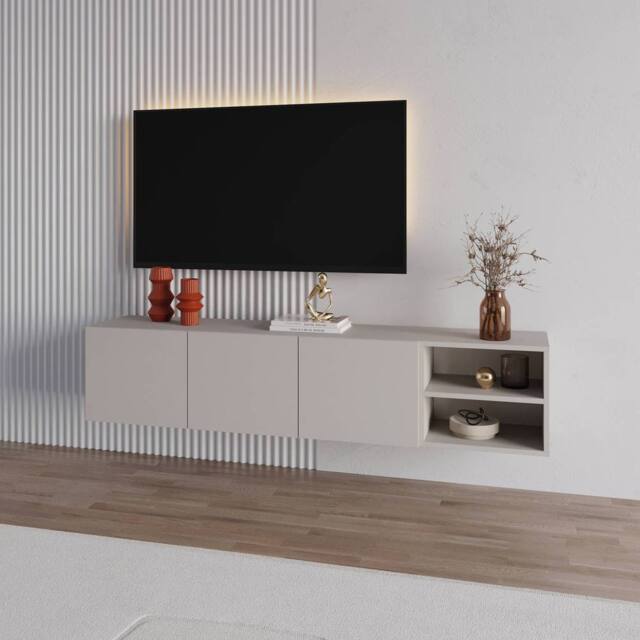 Decortie Conrad' Wall-Mounted Floating TV Stand with Soft-Close Doors in Beige - Size: 2 Pack - image 1