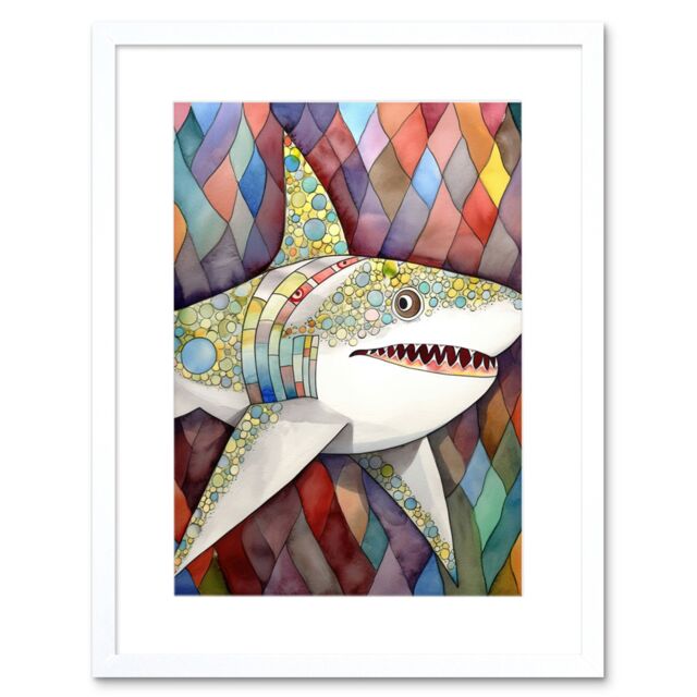 "Artery8 Wall Art Print Great White Shark Folk Art Watercolour Painting Artwork Framed 9X7 Inch - Size: W7"" x H9""" - image 1