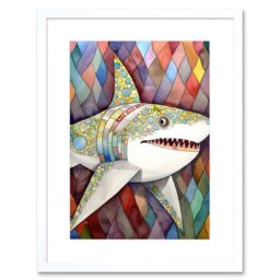 "Artery8 Wall Art Print Great White Shark Folk Art Watercolour Painting Artwork Framed 9X7 Inch - Size: W7"" x H9""" - thumbnail 1