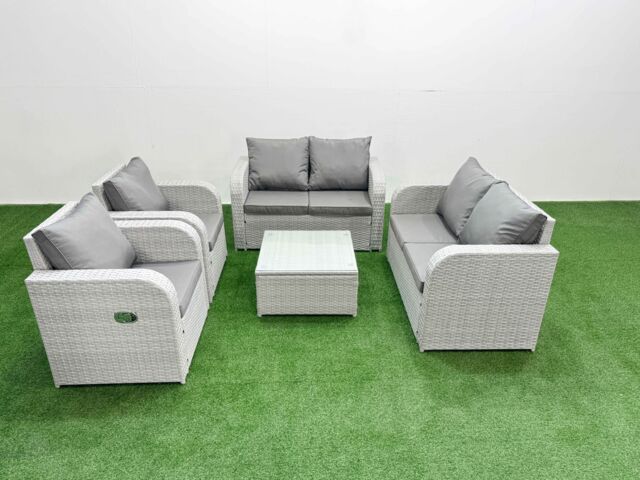 Fimous 6 Seater Outdoor Reclining Chair Love Sofa Set Rattan Garden Furniture Set with Square Coffee Table Light Grey - image 1