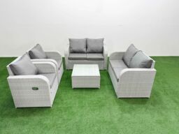 Fimous 6 Seater Outdoor Reclining Chair Love Sofa Set Rattan Garden Furniture Set with Square Coffee Table Light Grey - thumbnail 1