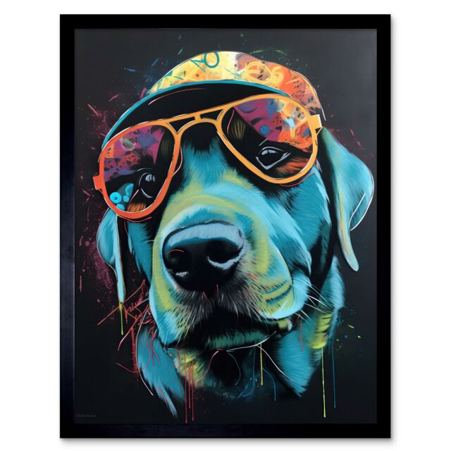 "Artery8 Wall Art Print Labrador Retriever with Sunglasses & Hat Art Framed in Black - Size: W12"" x H16""" - image 1