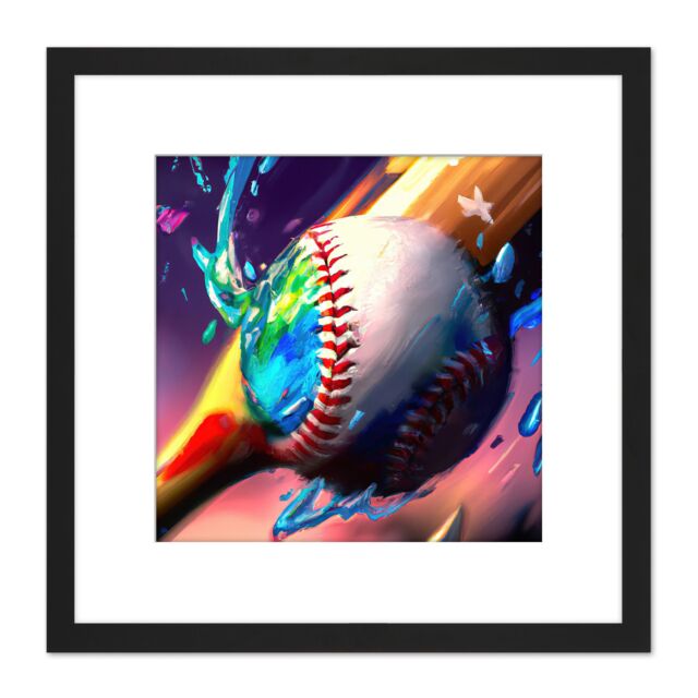 Artery8 Baseball Bat Hitting Ball Multicoloured Colourful Oil Painting Square Wooden Framed Wall Art Print Picture 8X8 Inch in Black - image 1